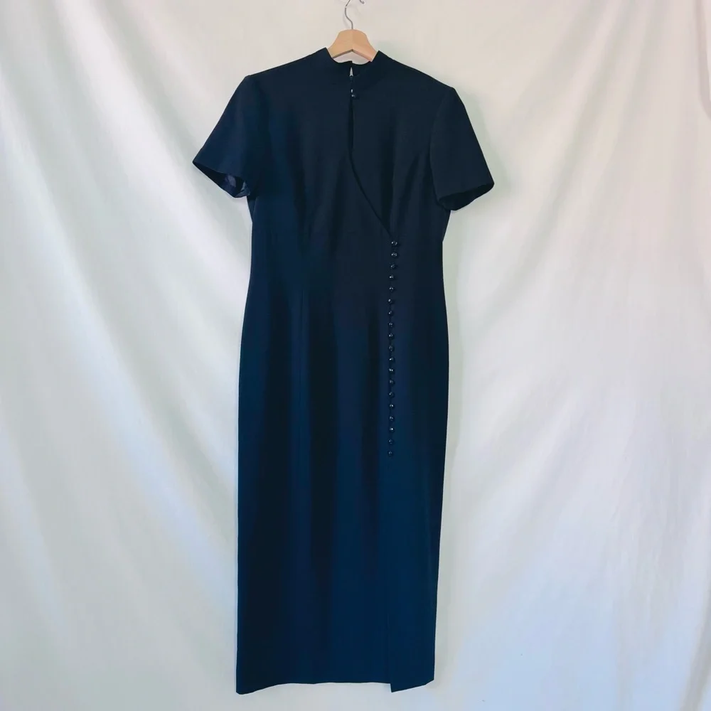 Vintage Liz Claiborne Black Mock Neck Midi Dress 12 Korea 90s Minimalist - Picture 2 of 13
